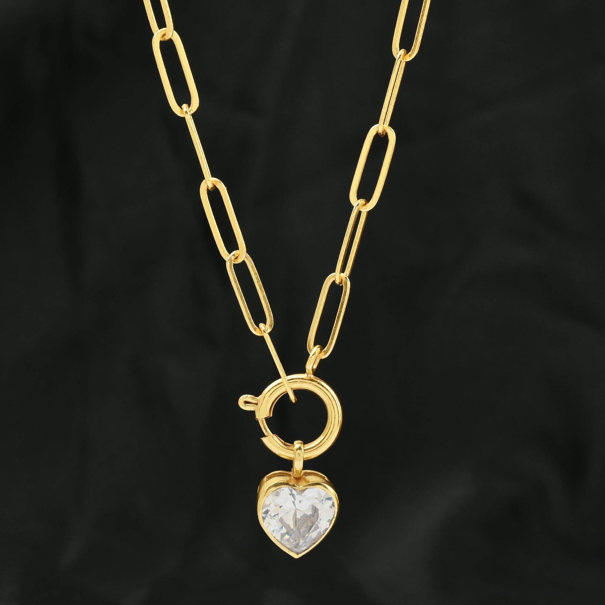 Paper Clip Link Chain with White Cubic Zirconia Heart Necklaces - La Vitá Jewels