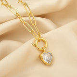 Paper Clip Link Chain with White Cubic Zirconia Heart Necklaces