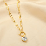 Paper Clip Link Chain with White Cubic Zirconia Heart Necklaces