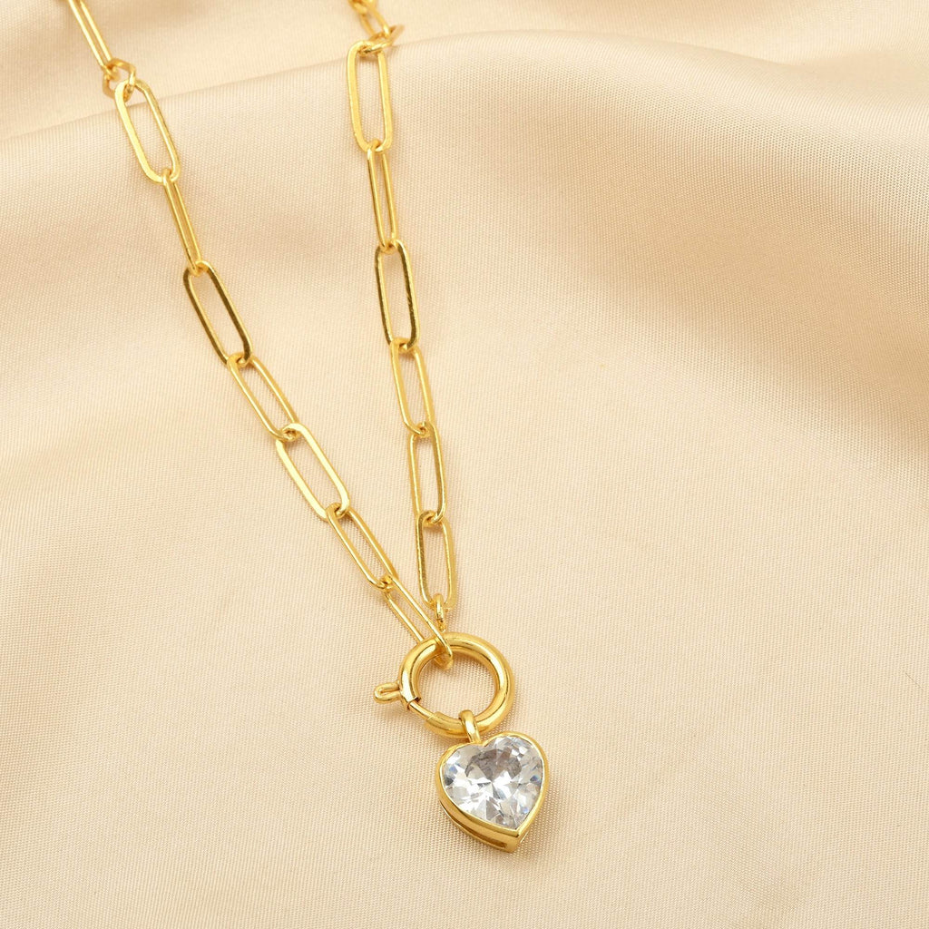 Paper Clip Link Chain with White Cubic Zirconia Heart Necklaces - La Vitá Jewels