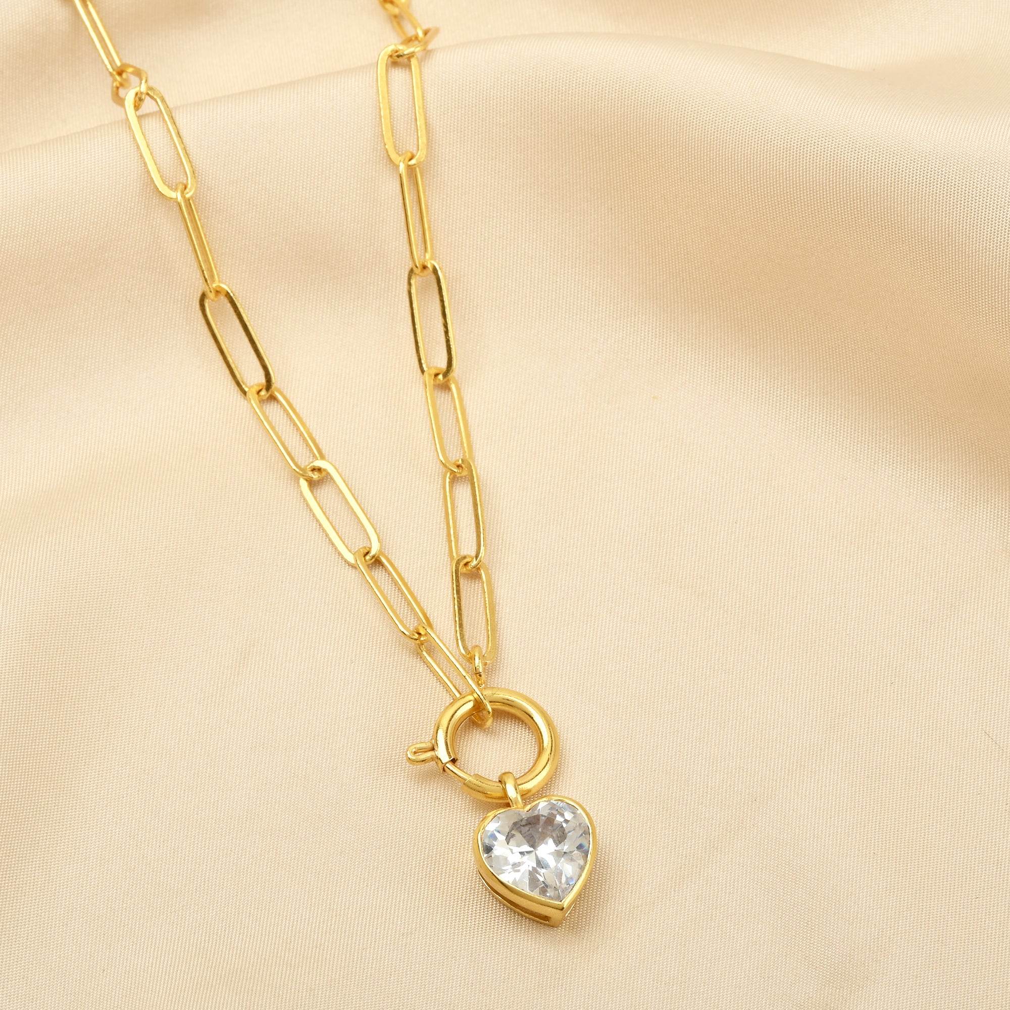 Paper Clip Link Chain with White Cubic Zirconia Heart Necklaces - La Vitá Jewels
