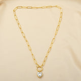 Paper Clip Link Chain with White Cubic Zirconia Heart Necklaces