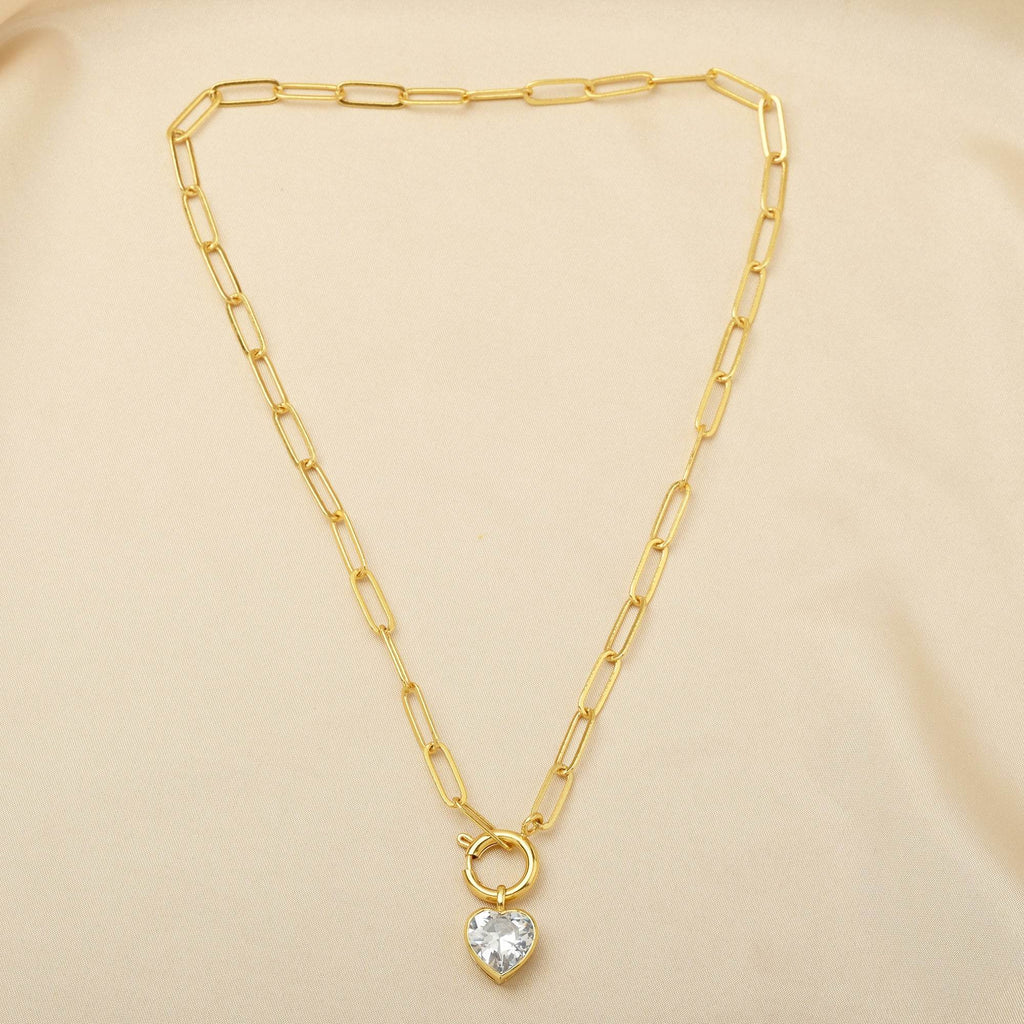 Paper Clip Link Chain with White Cubic Zirconia Heart Necklaces - La Vitá Jewels
