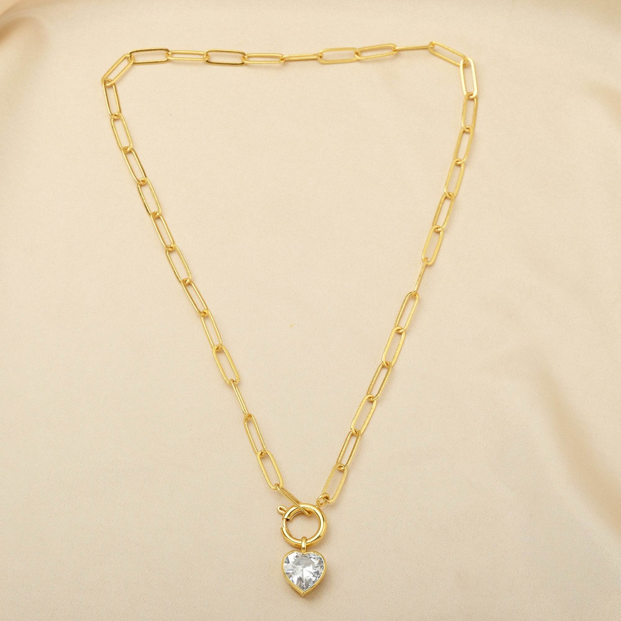 Paper Clip Link Chain with White Cubic Zirconia Heart Necklaces - La Vitá Jewels