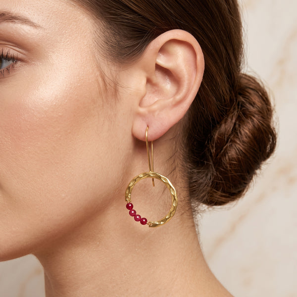 Textured Hoop Earrings with Pink quartz Beads