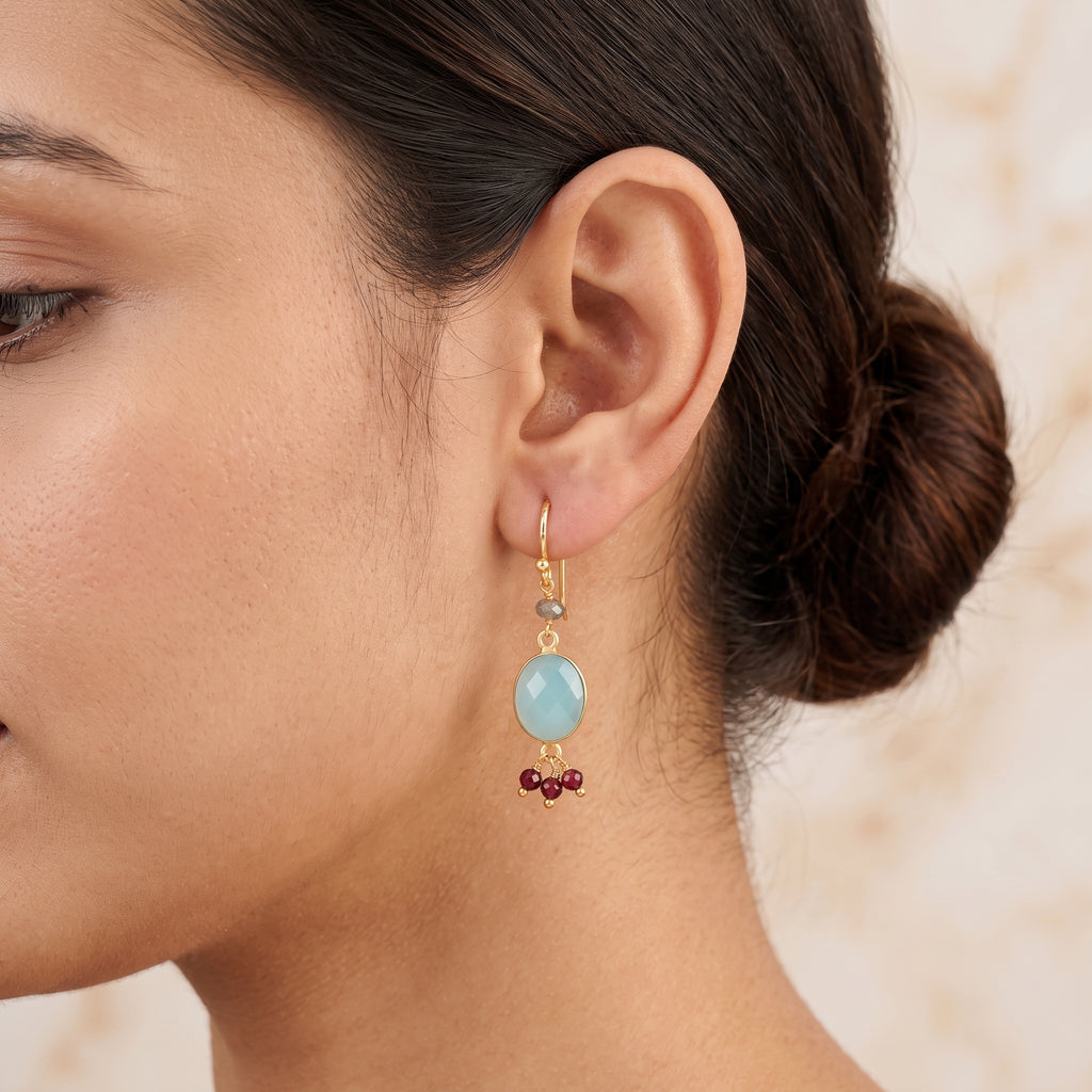 Aqua Chalcy with Labradorite, Garnet Beads Earrings