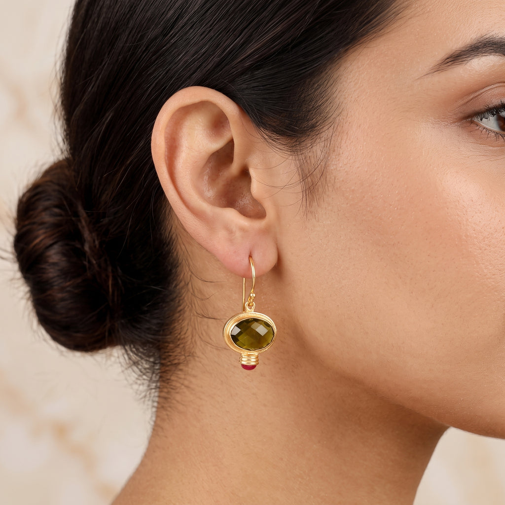 Green Tourmaline and Ruby Dangle Earrings