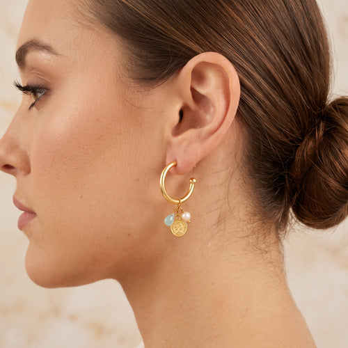 Aqua Chalcy, Pearl with Round Disc Hoop Earrings