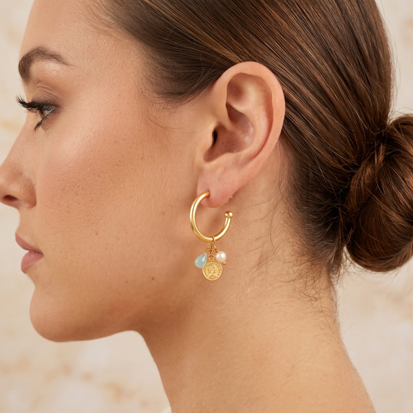 Aqua Chalcy, Pearl with Round Disc Hoop Earrings