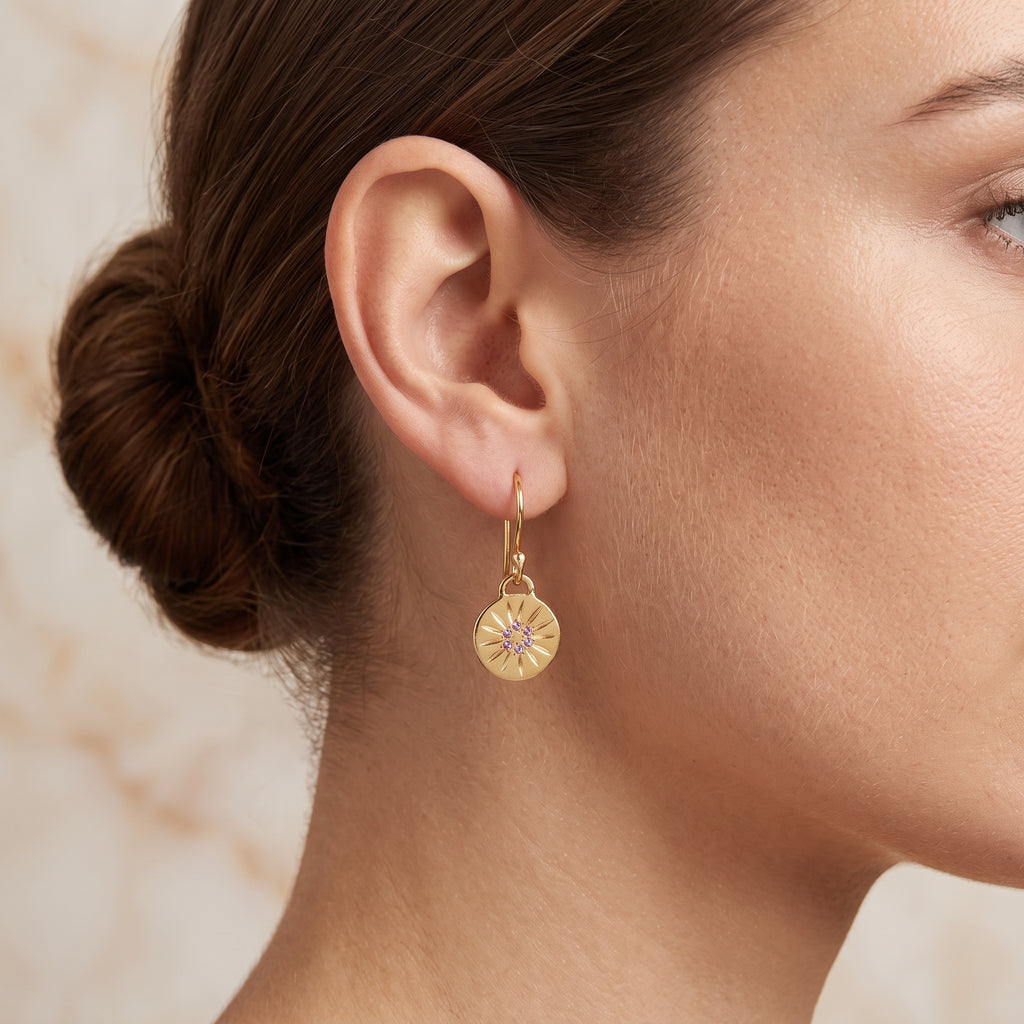 Round Disc Flower Texture Blue CZ Dangle Earrings