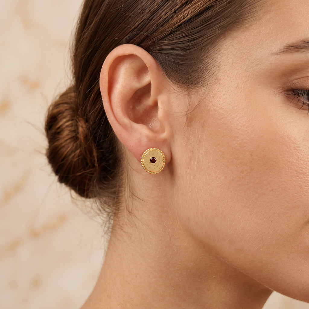 Celestial Charm Metal Beads Garnet Stud Earrings
