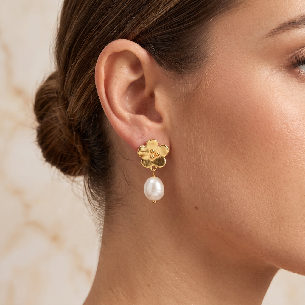 Fresh Water Pearl and Floral Earrings