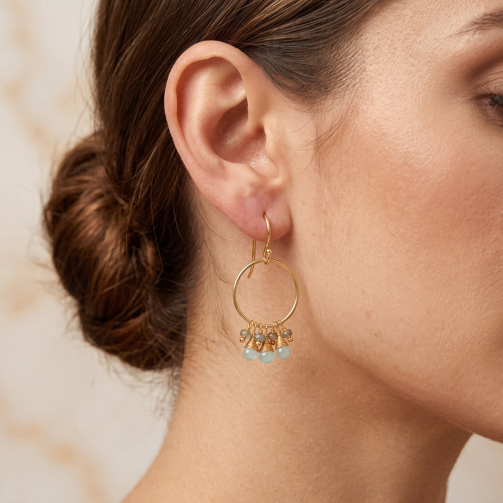 Circle Shape with Aqua Chalcedony, Labradorite Beads Earrings