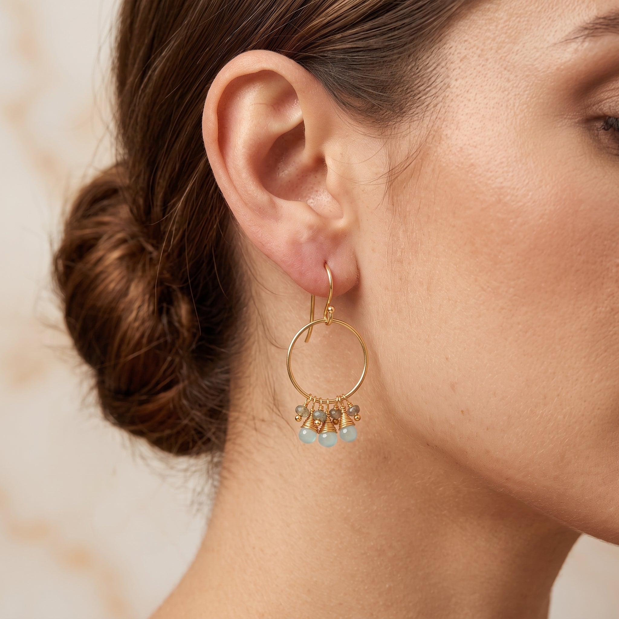 Circle Shape with Aqua Chalcedony, Labradorite Beads Earrings