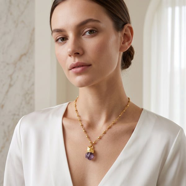 Amethyst Rough with Metal Beads Necklaces
