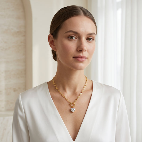 Paper Clip Link Chain with White Cubic Zirconia Heart Necklaces