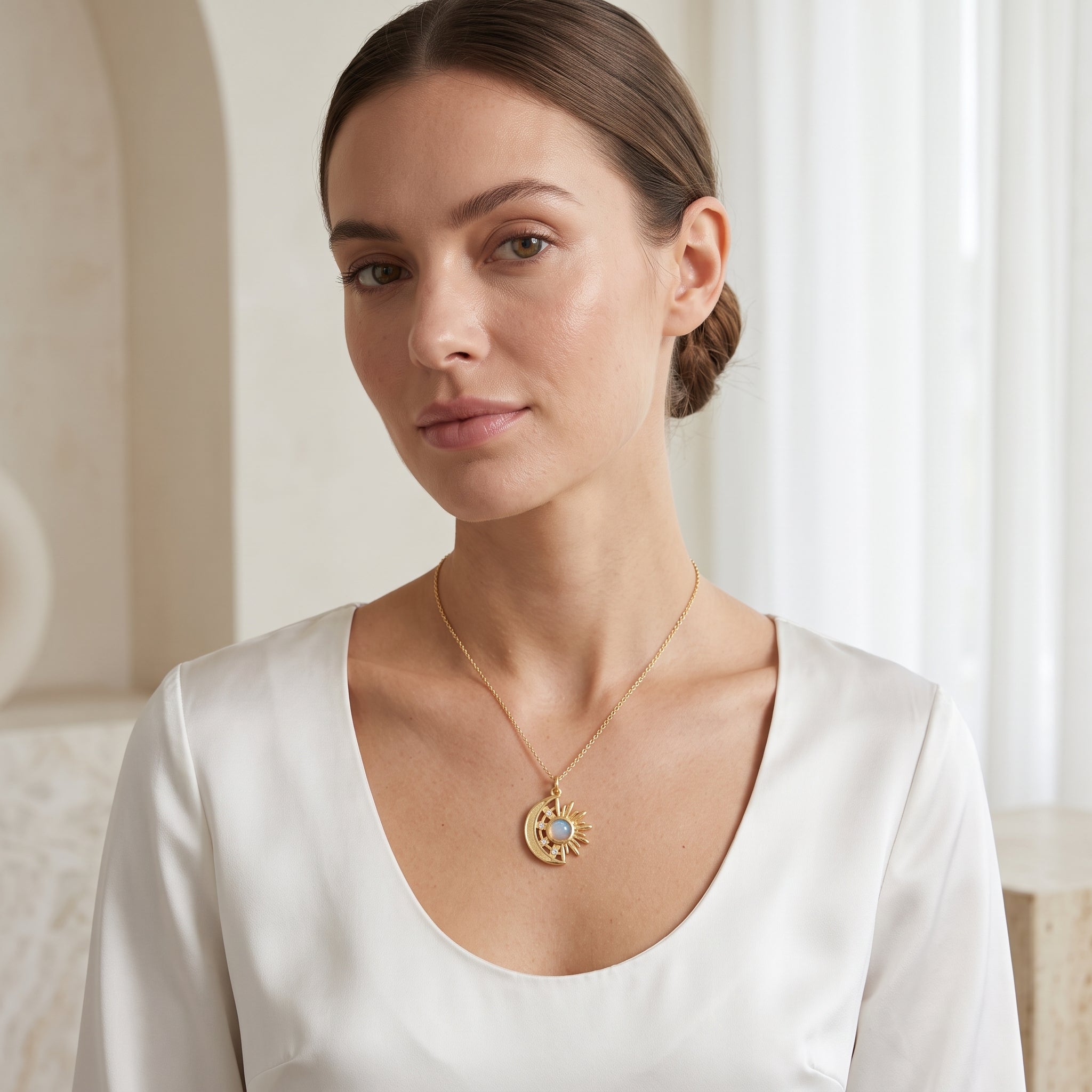 Sun and Moon with Ethiopian Opal, White CZ Necklaces