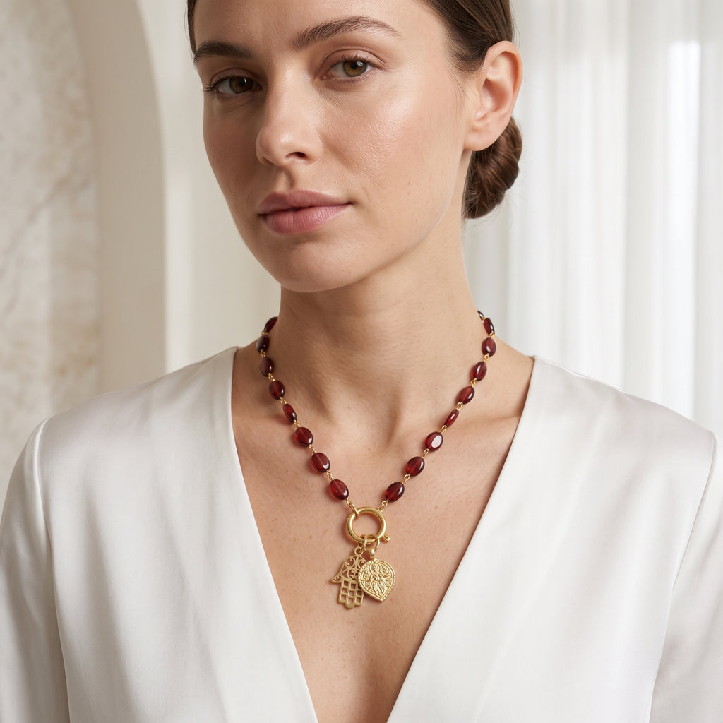 Hamsa and Durga Charm with Garnet Gemstone Necklaces