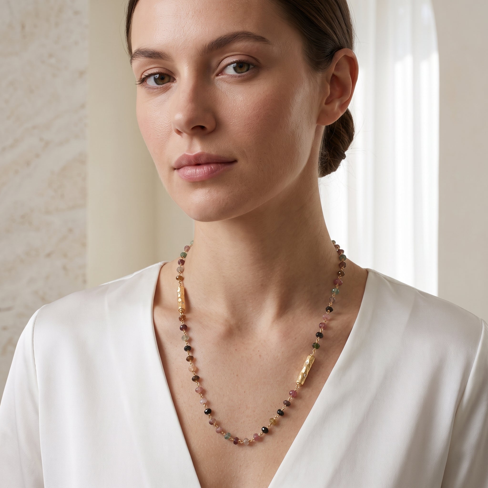 Multi Tourmaline Beads with White Cubic Zirconia Necklaces