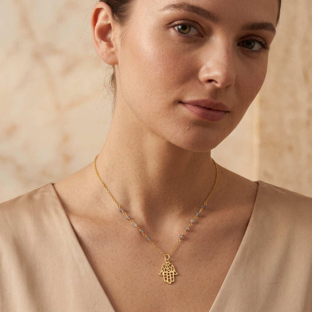 Labradorite Beads with Hamsa Protection Necklace