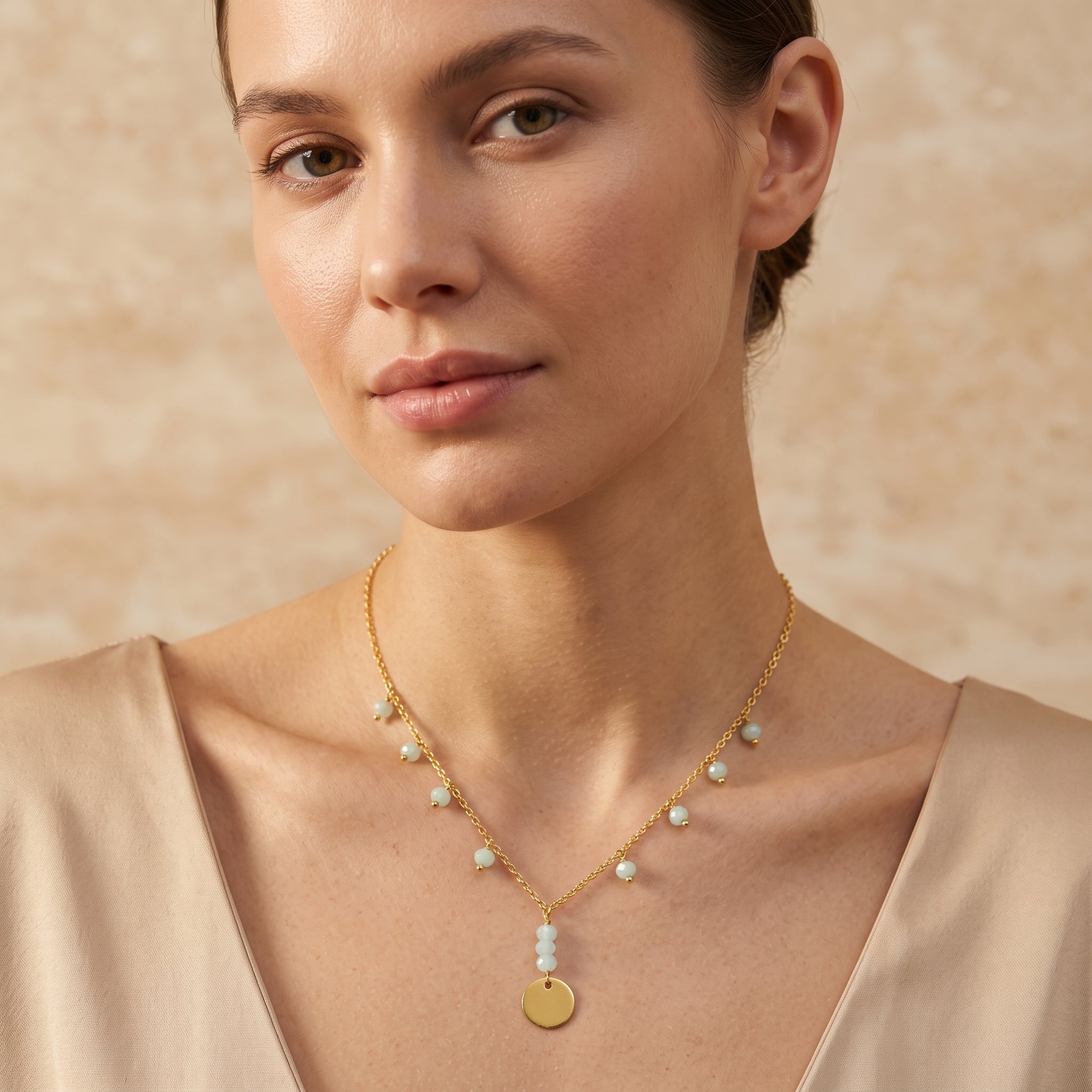 Round Disc with Jolly Aqua Chalcy Necklace