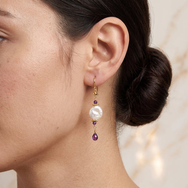 Coin Pearl and Amethyst Dangle Earring