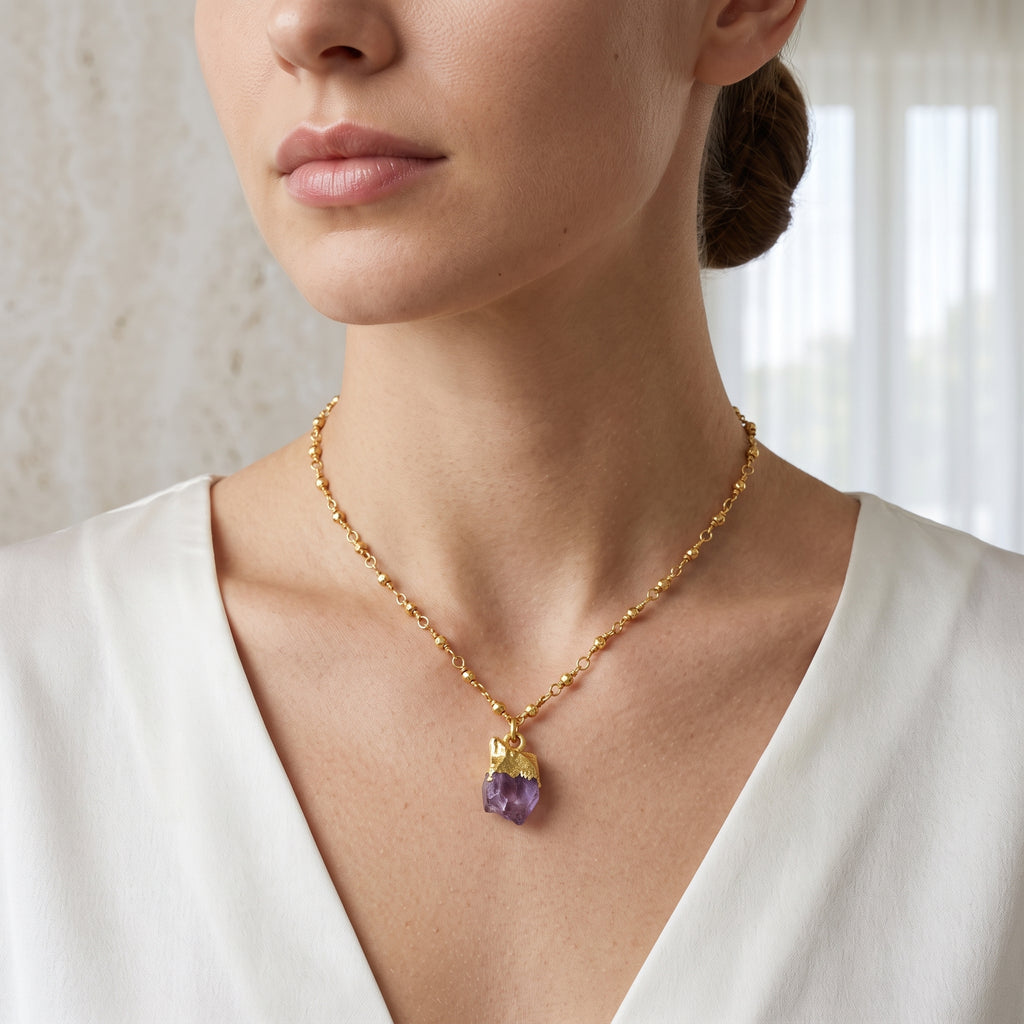 Amethyst Rough with Metal Beads Necklaces