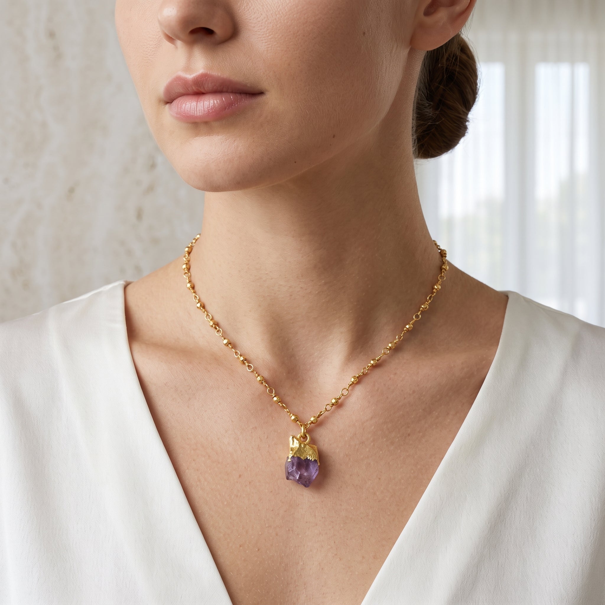 Amethyst Rough with Metal Beads Necklaces