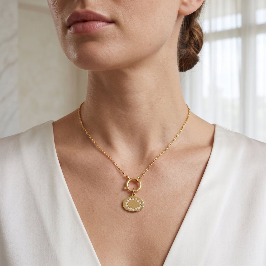 Oval Metal Disc White Cubic Zirconia Necklaces