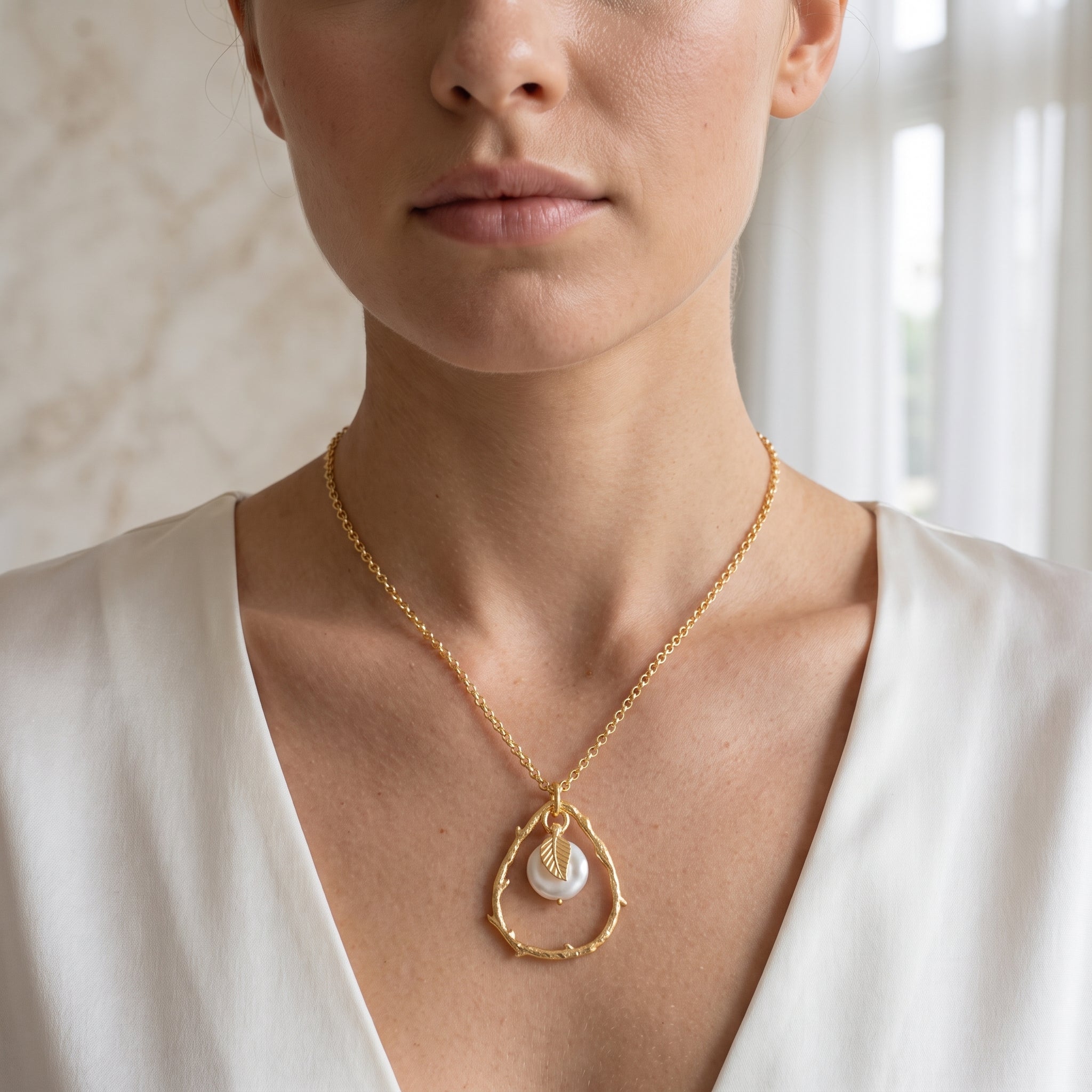 Baroque Pearl with Leaf Charm Necklace