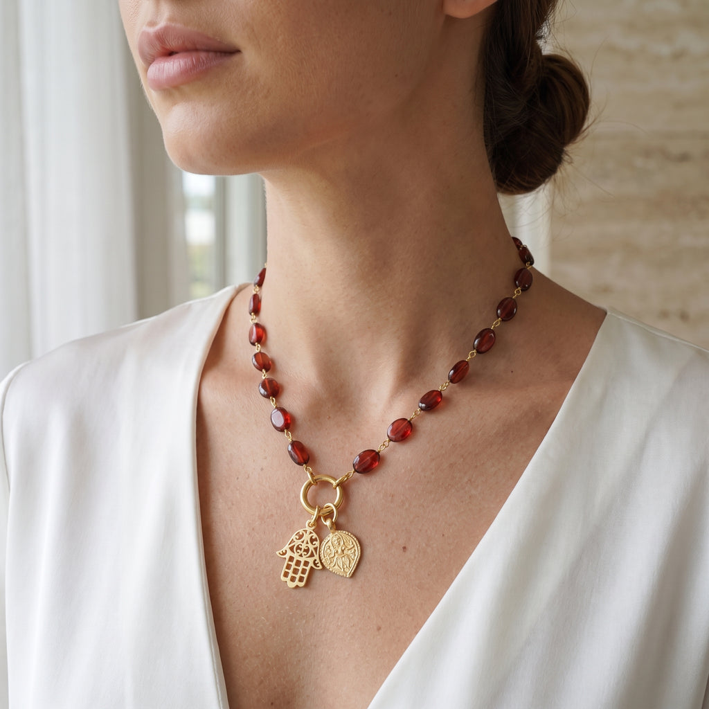 Hamsa and Durga Charm with Garnet Gemstone Necklaces
