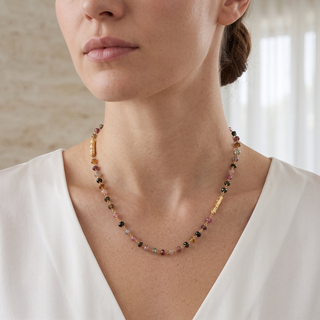 Multi Tourmaline Beads with White Cubic Zirconia Necklaces