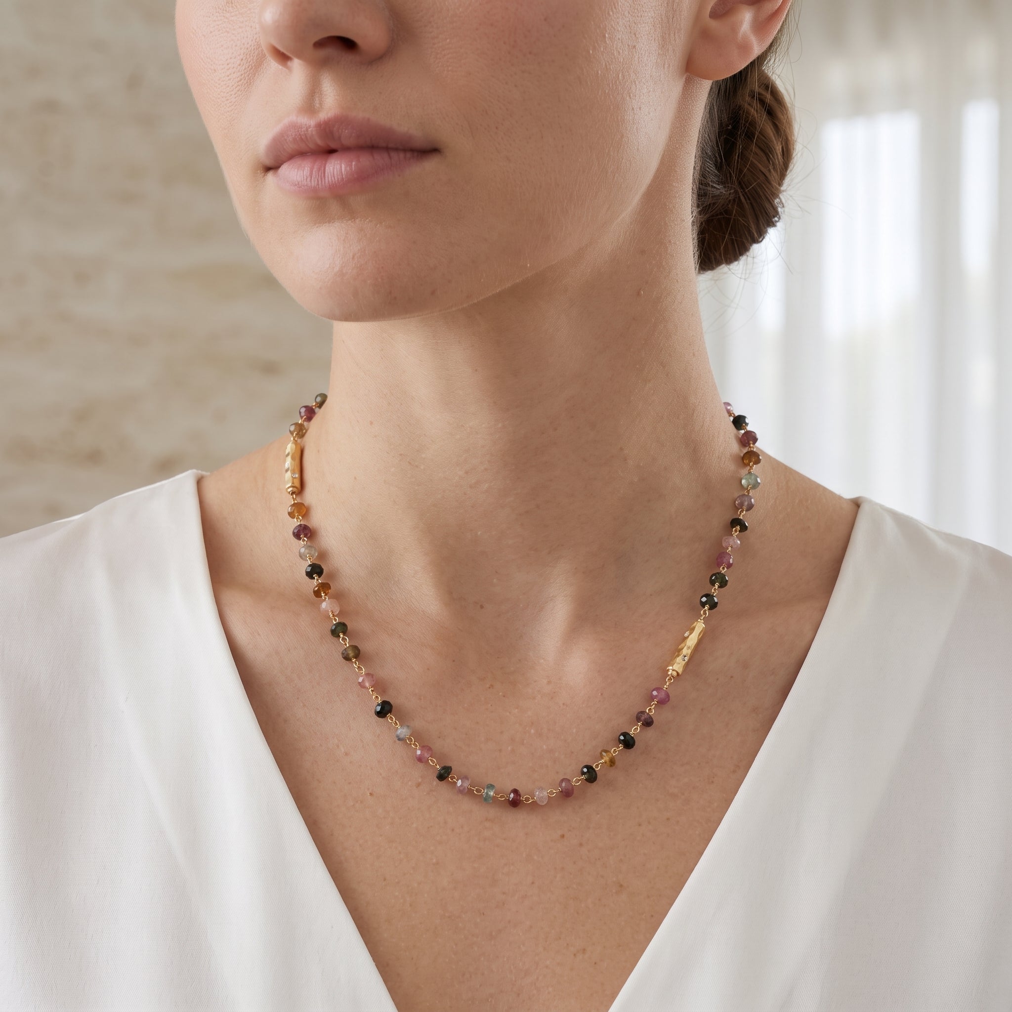 Multi Tourmaline Beads with White Cubic Zirconia Necklaces