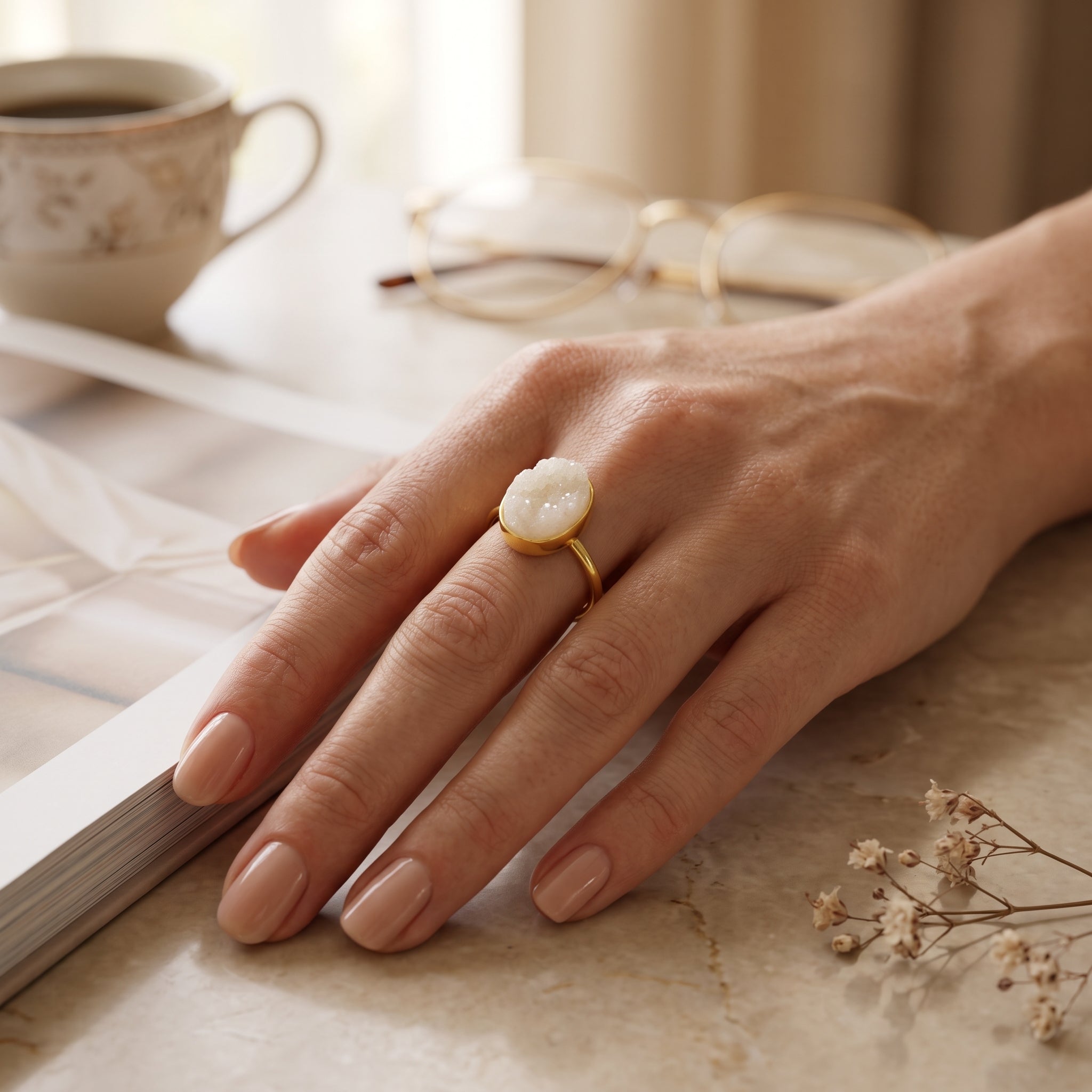 White Druzy Stone Adjustable Rings