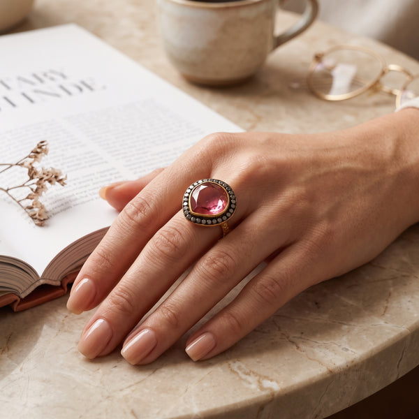 Gold, Black Rhodium Plated Pink Tourmaline Designer Rings in Sterling Silver