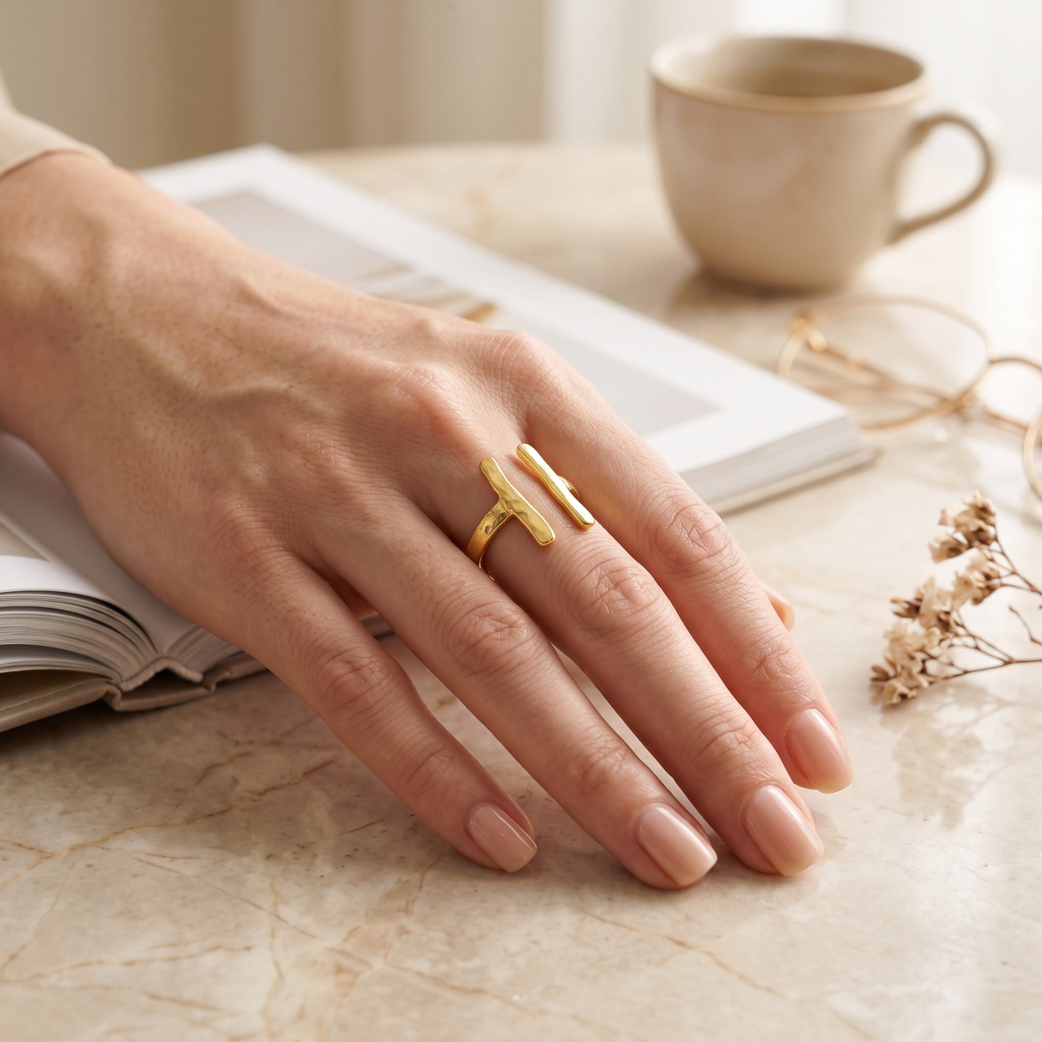 Hammered Open Cuff Adjustable Ring