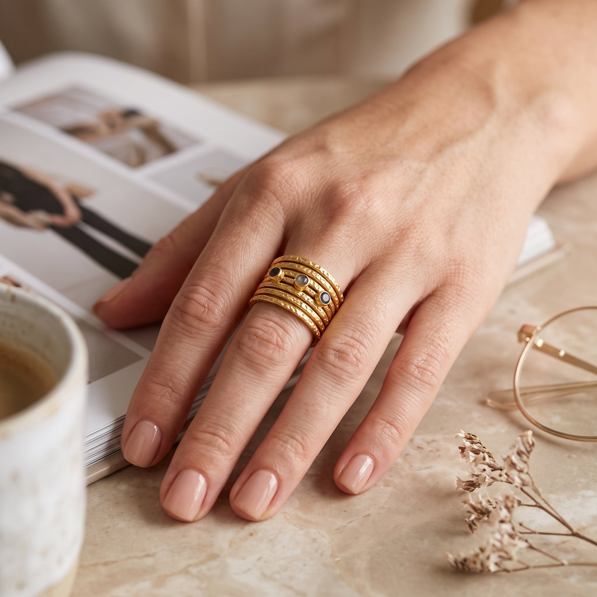 Hammered Multi Layer Labradorite Ring