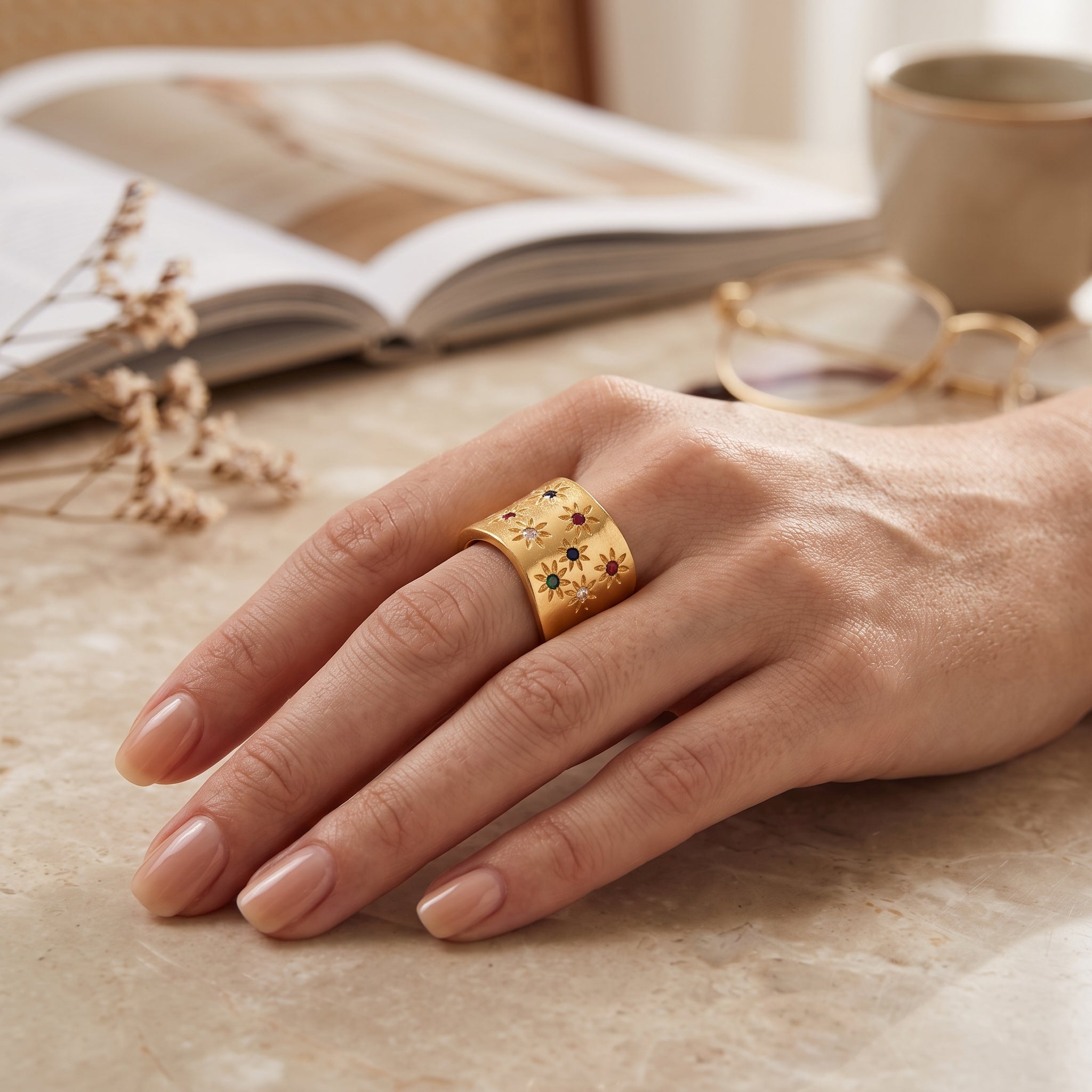 Multi Color CZ Wide Band Ring