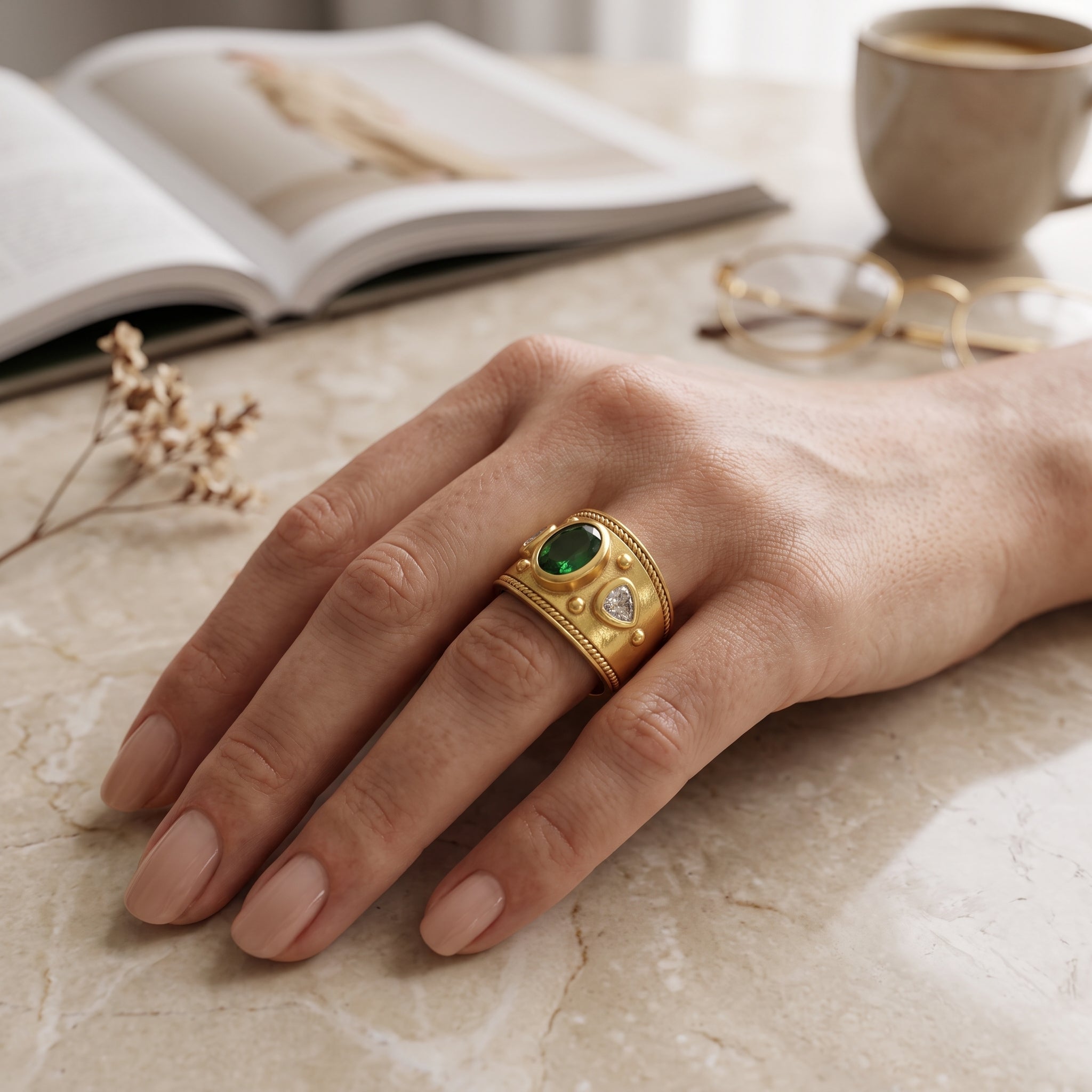 Green and White CZ Designer Ring