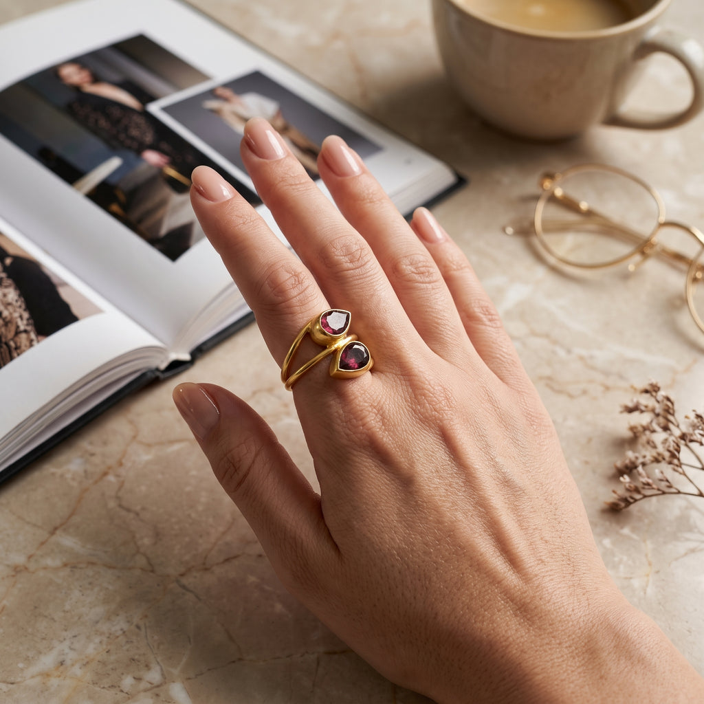 Pear Cut Garnet Gemstone Adjustable Ring