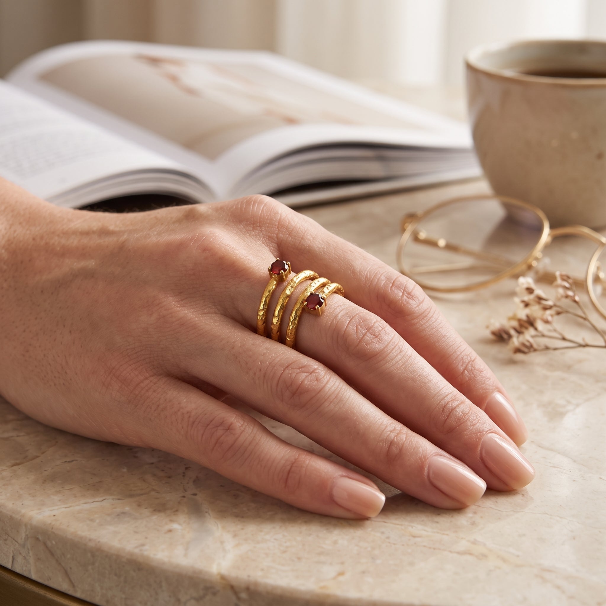 Garnet Spring Hammered Band Ring