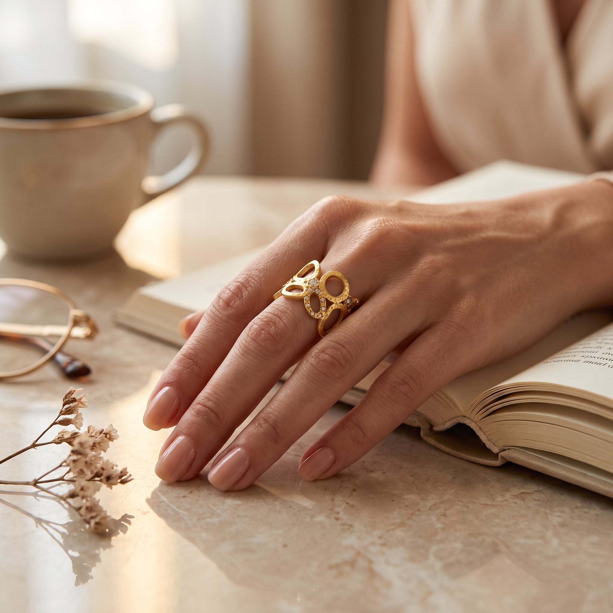 Gold Openwork Statement Ring with White CZ Accents