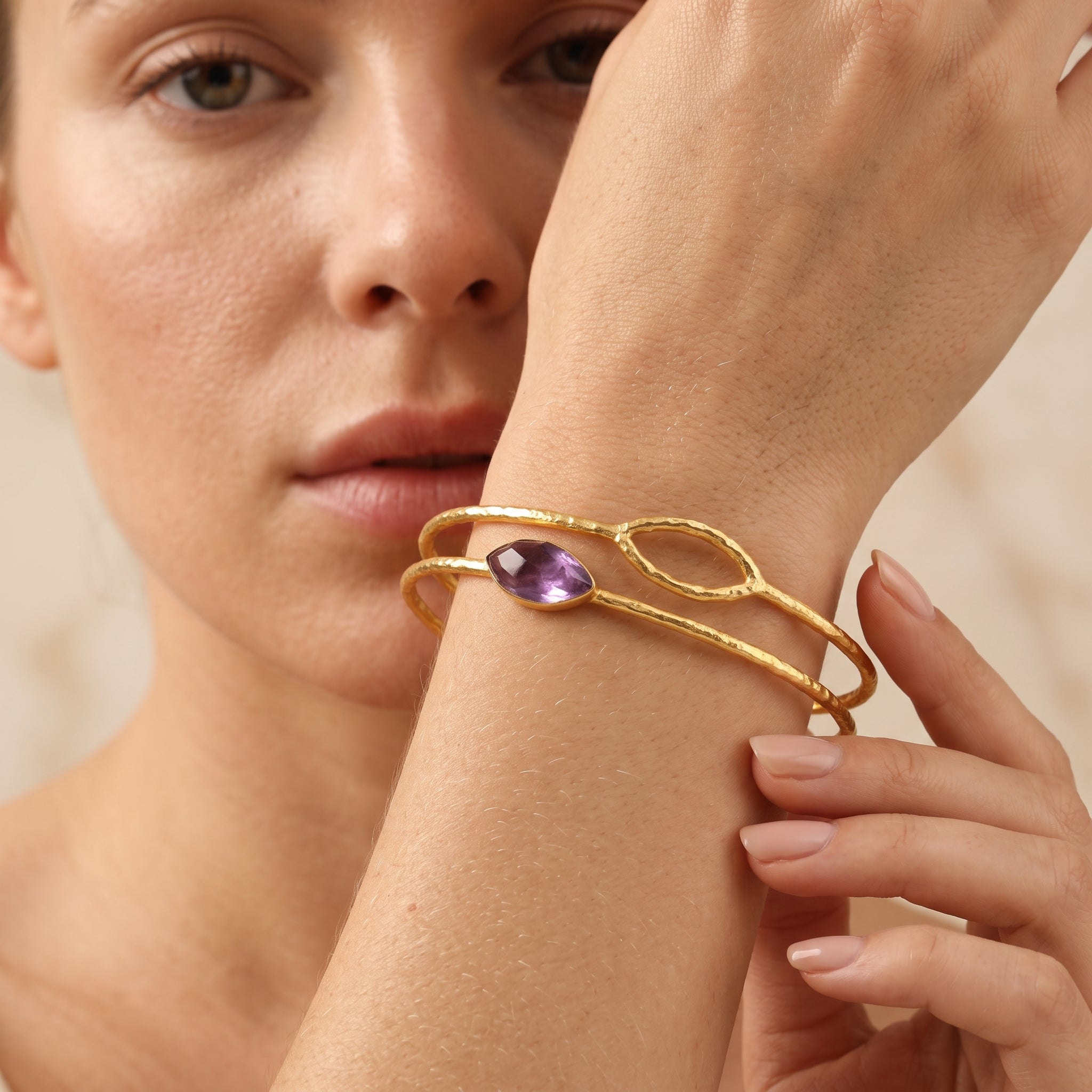 Amethyst Petal Hammered Double-Band Cuff