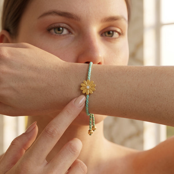 White CZ Gold Floral Bracelets with Blue Thread