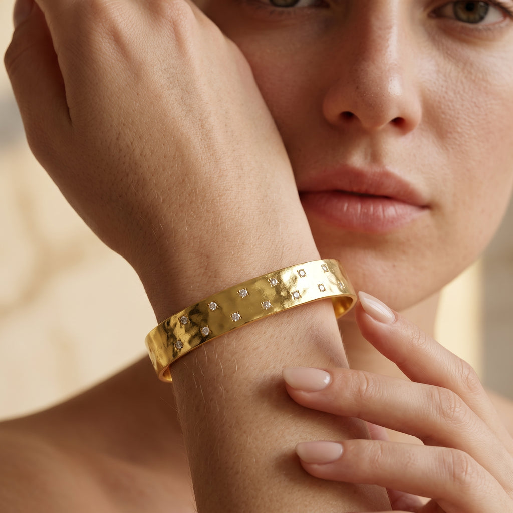 Gold Minimalist Cuff Bracelet with White CZ Accents