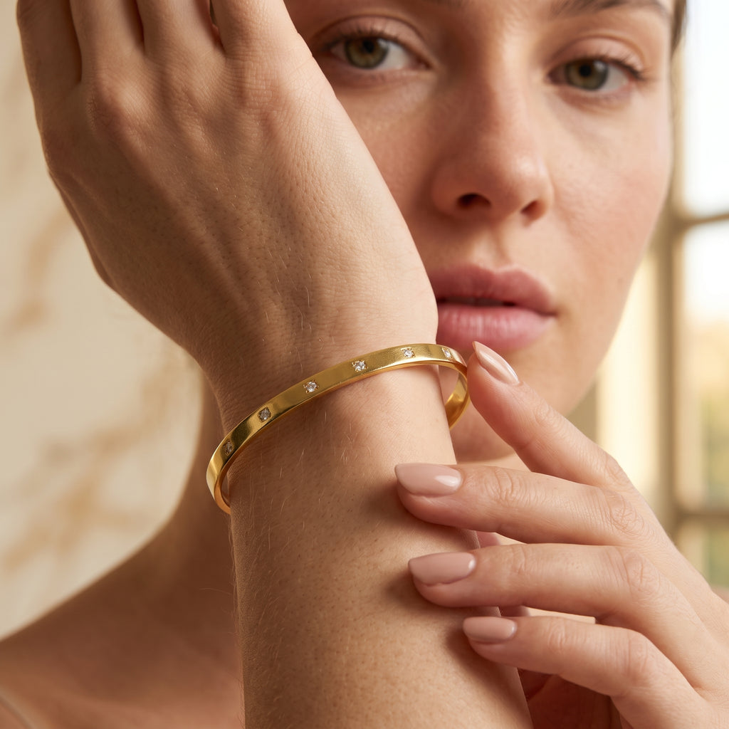 Gold Minimalist Cuff Bracelet with White CZ Accents