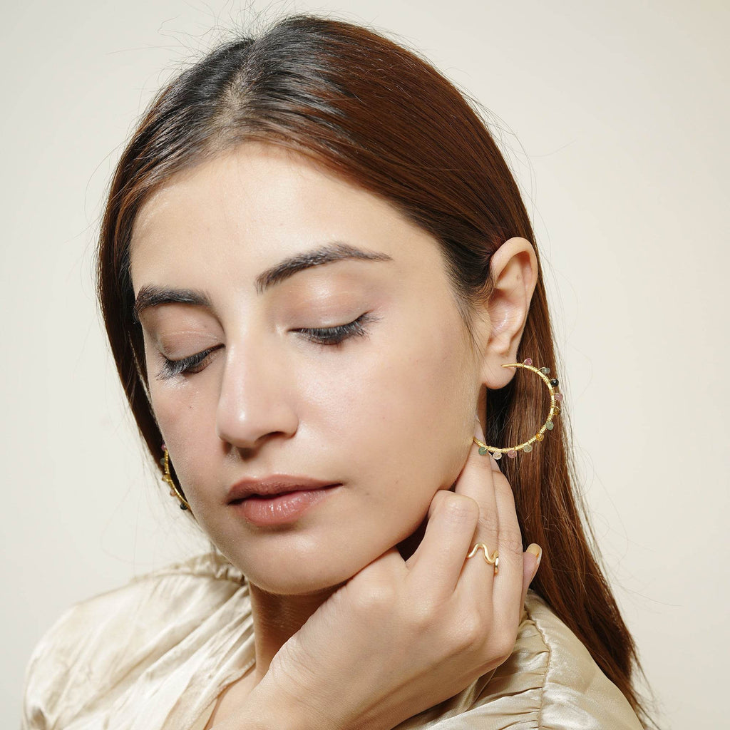 Gold Wire Wrapped Tourmaline Beads Hoop Earrings - La Vitá Jewels