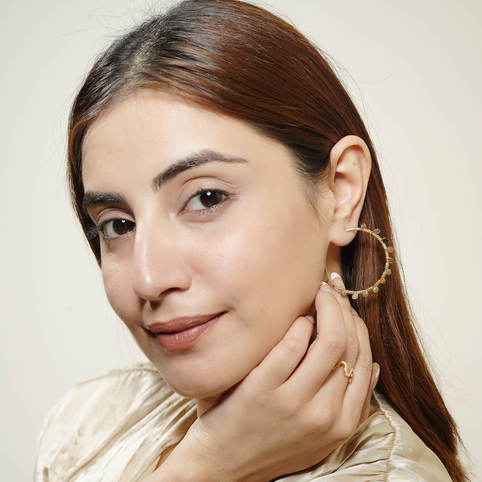 Gold Wire Wrapped Tourmaline Beads Hoop Earrings - La Vitá Jewels