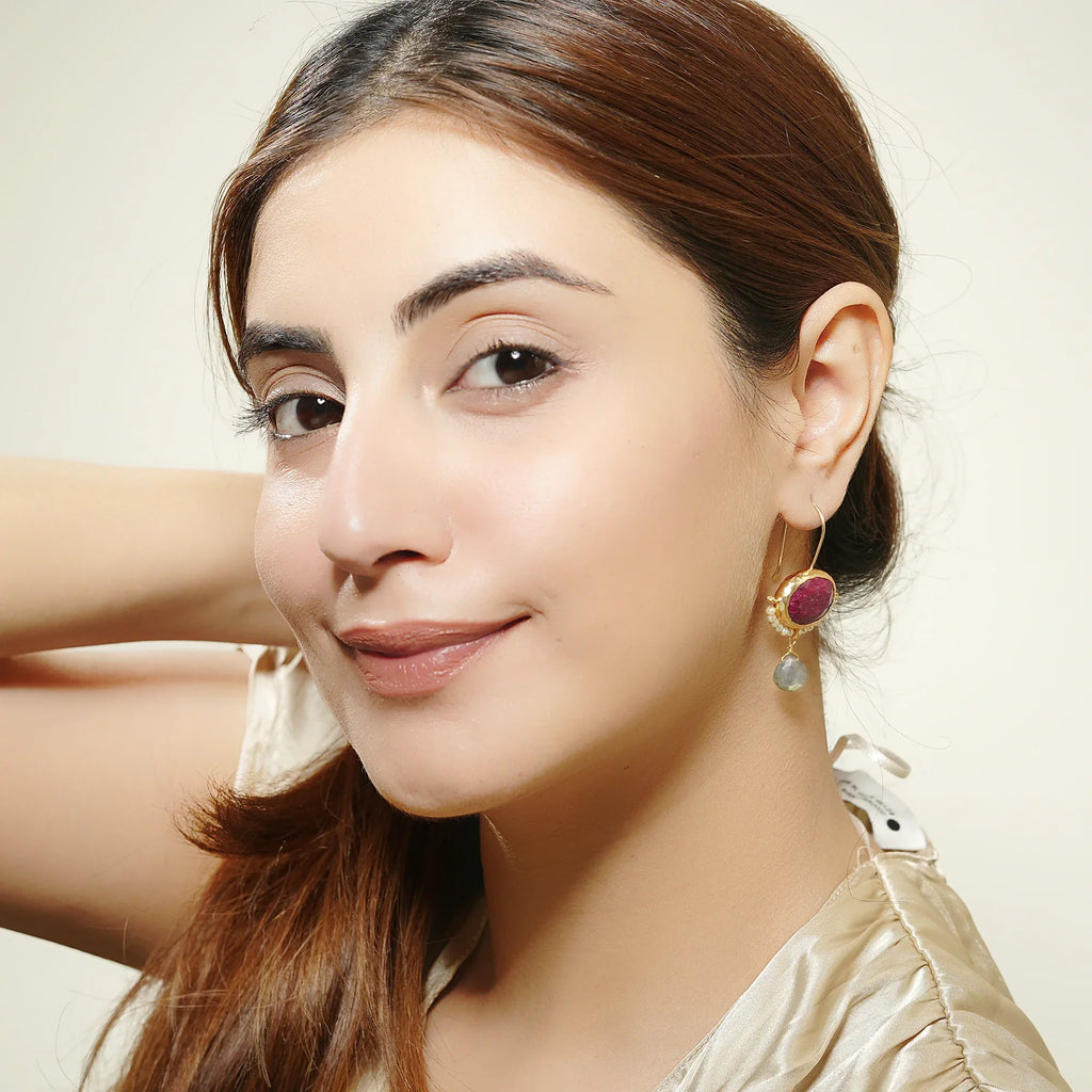 Crimson Ruby & Pearl Drop Earrings - La Vitá Jewels