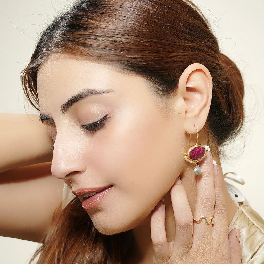 Crimson Ruby & Pearl Drop Earrings - La Vitá Jewels